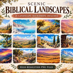 May include: A collection of 36 digital landscape backdrops titled Scenic Biblical Landscapes, featuring various painted scenes of ancient terrain, olive trees, mountains, and historic architecture in vibrant colours and high-resolution PNG format.