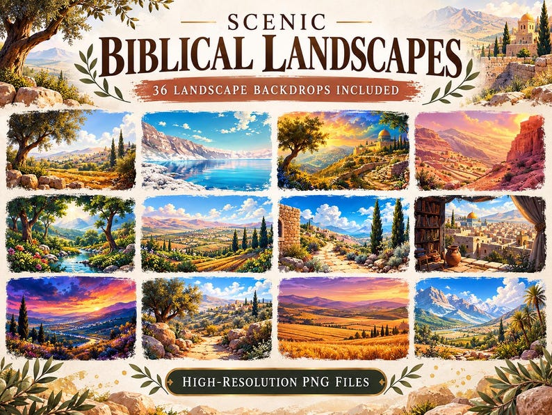 May include: A collection of 36 digital landscape backdrops titled Scenic Biblical Landscapes, featuring various painted scenes of ancient terrain, olive trees, mountains, and historic architecture in vibrant colours and high-resolution PNG format.