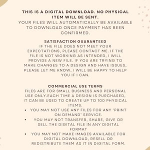 May include: A digital download information sheet with a beige background and brown abstract shapes. The text states that this is a digital download, no physical item will be sent. The text also includes information about satisfaction guaranteed and commercial use terms.