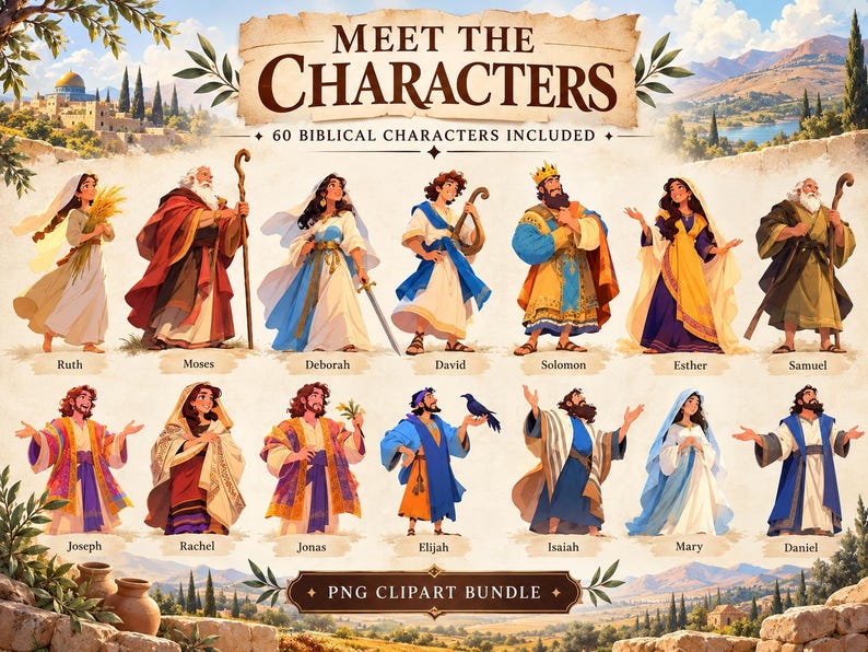May include: A digital clipart bundle featuring 60 illustrated biblical characters, including Ruth, Moses, Deborah, David, Solomon, Esther, Samuel, Joseph, Rachel, Jonas, Elijah, Isaiah, Mary, and Daniel, with the text Meet the Characters.