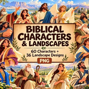 May include: A digital collection of Biblical Characters & Landscapes featuring 60 characters and 36 landscape designs in PNG format. The central text reads BIBLICAL CHARACTERS & LANDSCAPES, 60 Characters + 36 Landscape Designs, and PNG.