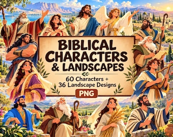 Puede incluir: Una colección digital de personajes y paisajes bíblicos con 60 personajes y 36 diseños de paisajes en formato PNG. El texto central dice BIBLICAL CHARACTERS & LANDSCAPES, 60 Characters + 36 Landscape Designs, y PNG.