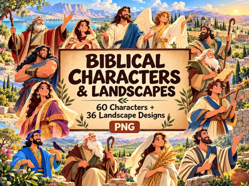 May include: A digital collection of Biblical Characters & Landscapes featuring 60 characters and 36 landscape designs in PNG format. The central text reads BIBLICAL CHARACTERS & LANDSCAPES, 60 Characters + 36 Landscape Designs, and PNG.