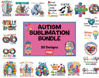 Pode incluir: Um conjunto de 20 designs digitais para sublimação com ilustrações coloridas e texto relacionado à conscientização sobre o autismo. Os designs incluem frases como "O autismo é meu poder", "Todos somos diferentes", "É bom ser diferente" e "Seja uma alma gentil".