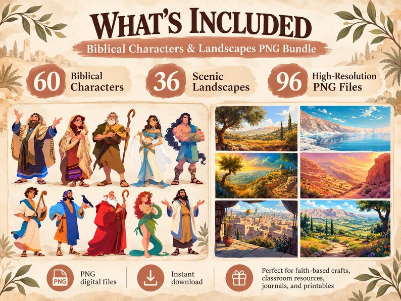 May include: A digital bundle titled WHAT'S INCLUDED Biblical Characters & Landscapes PNG Bundle featuring 60 biblical characters, 36 scenic landscapes, and 96 high-resolution PNG files. The graphic displays various illustrated figures and landscapes.