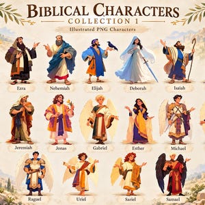 May include: A digital collection of seventeen illustrated biblical characters labelled with names including Ruth, Ezra, Nehemiah, Elijah, Deborah, Isaiah, Ezekiel, Elisha, Jeremiah, Jonas, Gabriel, Esther, Michael, Rafael, Raguel, Uriel, Sariel, and Samael.