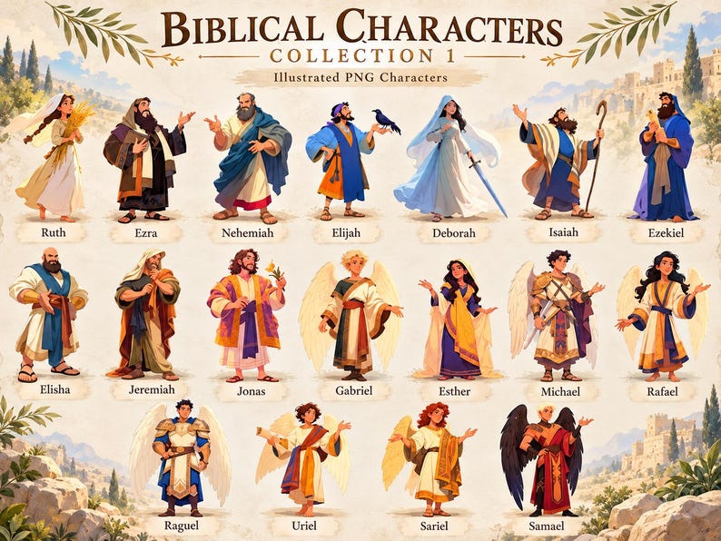 May include: A digital collection of seventeen illustrated biblical characters labelled with names including Ruth, Ezra, Nehemiah, Elijah, Deborah, Isaiah, Ezekiel, Elisha, Jeremiah, Jonas, Gabriel, Esther, Michael, Rafael, Raguel, Uriel, Sariel, and Samael.