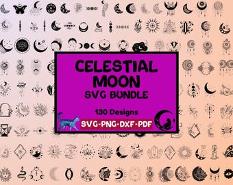 Op de afbeelding: Een digitale download van 130 celestial moon SVG-ontwerpen. De ontwerpen bevatten een verscheidenheid aan maanfasen, sterren en andere hemellichamen. De ontwerpen zijn perfect voor het maken van ambachten, projecten en meer.