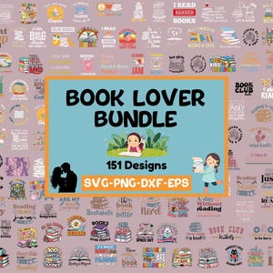 Op de afbeelding: Een roze en witte digitale grafische ontwerpbundel met 151 ontwerpen voor boekenliefhebbers. De ontwerpen bevatten verschillende boekthema-citaten en illustraties. De tekst "Book Lover Bundle" staat in een groot, vet lettertype. De tekst "151 Designs" staat in een kleiner lettertype. De tekst "SVG-PNG-DXF-EPS" staat in een kleiner lettertype.