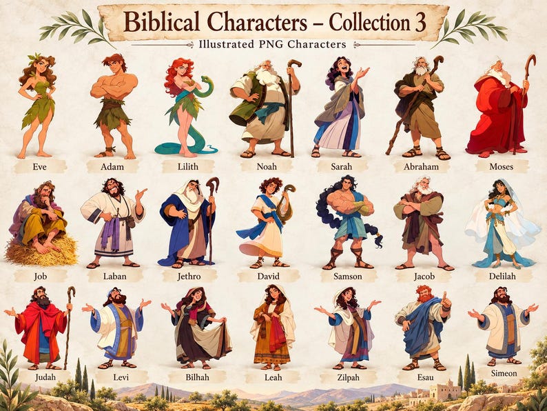 May include: A digital collection of twenty-one illustrated biblical characters titled Biblical Characters &ndash; Collection 3 Illustrated PNG Characters. The set features figures like Eve, Adam, Lilith, Noah, Sarah, Abraham, Moses, Job, Laban, Jethro, David, Samson, Jacob, Delilah, Judah, Levi, Bilhah, Leah, Zilpah, Esau, and Simeon.