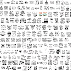 May include: A collection of 100 black and white kitchen-themed SVG cut files. The designs feature various kitchen-related phrases and sayings, such as "Cook Pray Eat", "Life is too short to have boring kitchen", "Hangry", "Real Man Cook", "Kitchen Rules", "Grandma's Kitchen", "Farm Fresh Food", "Bake the World a Better Place", and "Life is Delicious".