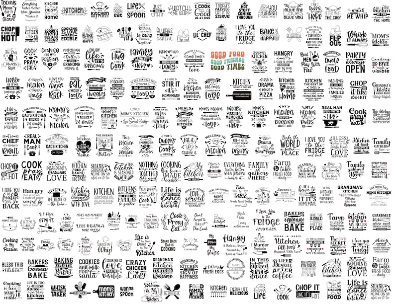 May include: A collection of 100 black and white kitchen-themed SVG cut files. The designs feature various kitchen-related phrases and sayings, such as "Cook Pray Eat", "Life is too short to have boring kitchen", "Hangry", "Real Man Cook", "Kitchen Rules", "Grandma's Kitchen", "Farm Fresh Food", "Bake the World a Better Place", and "Life is Delicious".