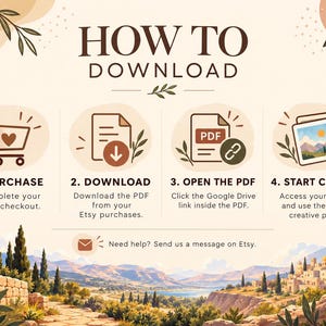 May include: An instructional graphic titled HOW TO DOWNLOAD with four steps: 1. PURCHASE with a shopping cart icon, 2. DOWNLOAD with a document icon, 3. OPEN THE PDF with a PDF icon, and 4. START CREATING with an image icon, plus a help message.