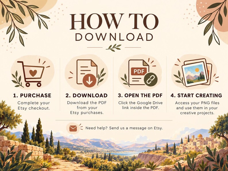 May include: An instructional graphic titled HOW TO DOWNLOAD with four steps: 1. PURCHASE with a shopping cart icon, 2. DOWNLOAD with a document icon, 3. OPEN THE PDF with a PDF icon, and 4. START CREATING with an image icon, plus a help message.