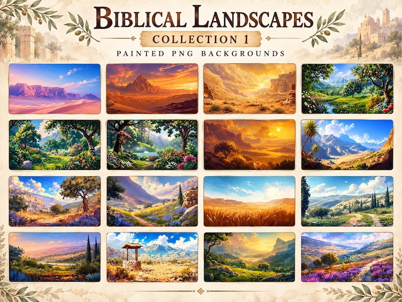 May include: A digital collection titled Biblical Landscapes Collection 1 Painted PNG Backgrounds featuring sixteen rectangular illustrations of diverse terrains including deserts, lush forests, golden wheat fields, and mountain vistas.