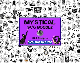 May include: A purple banner with the text "Mystical SVG Bundle" and "520 Designs" in white text. The banner is surrounded by a collection of black and white illustrations of mystical and occult symbols, including moons, stars, crystals, hands, eyes, and animals.