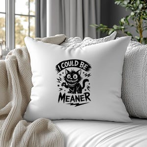 May include: White square throw pillow with a black graphic of a grinning cat and the text "I COULD BE MEANER". The cat illustration has lightning bolts and stars. The pillow is on a white couch with a beige blanket.