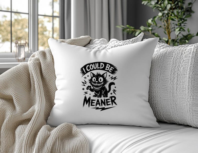 May include: White square throw pillow with a black graphic of a grinning cat and the text "I COULD BE MEANER". The cat illustration has lightning bolts and stars. The pillow is on a white couch with a beige blanket.
