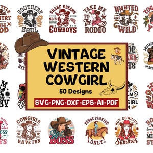 Vintage Western Cowgirl SVG-bundel | Retro westernontwerpen | Cowgirl hoed SVG | Rodeocitaten | Cricut & silhouetbestanden | Direct downloaden