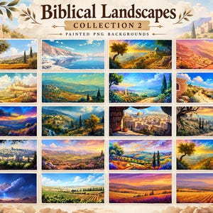 May include: A digital collection titled Biblical Landscapes Collection 2 Painted PNG Backgrounds, featuring twenty rectangular illustrations of diverse, vibrant, and scenic landscapes with olive trees, hills, and ancient architecture.