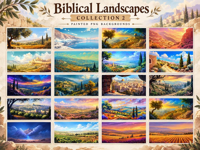 May include: A digital collection titled Biblical Landscapes Collection 2 Painted PNG Backgrounds, featuring twenty rectangular illustrations of diverse, vibrant, and scenic landscapes with olive trees, hills, and ancient architecture.