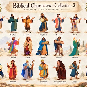 May include: A digital collection of twenty-one illustrated characters titled Biblical Characters - Collection 2. Each figure is depicted in various robes and tunics with names labelled below, including Dan, Reuben, Issachar, Naphtali, Zebulun, Gad, Asher, Benjamin, Joseph, Rachel, Joshua, Amalek, Samuel, Rebecca, Isaac, Deborah, Saul, Solomon, Witch of Endor, Amos, and Daniel.