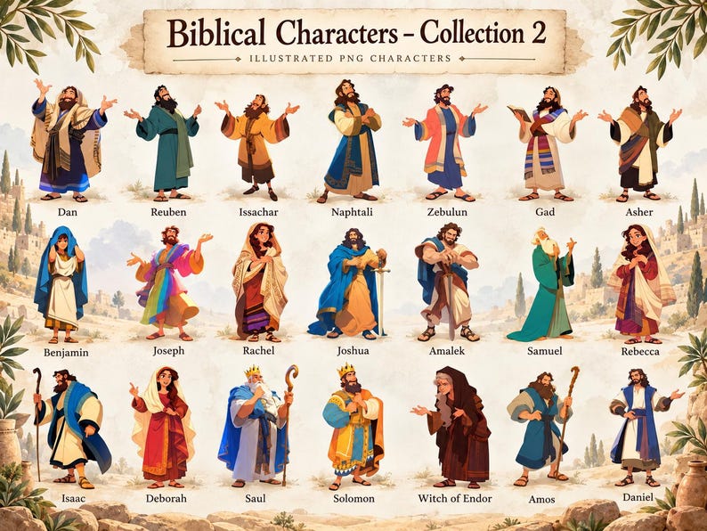May include: A digital collection of twenty-one illustrated characters titled Biblical Characters - Collection 2. Each figure is depicted in various robes and tunics with names labelled below, including Dan, Reuben, Issachar, Naphtali, Zebulun, Gad, Asher, Benjamin, Joseph, Rachel, Joshua, Amalek, Samuel, Rebecca, Isaac, Deborah, Saul, Solomon, Witch of Endor, Amos, and Daniel.