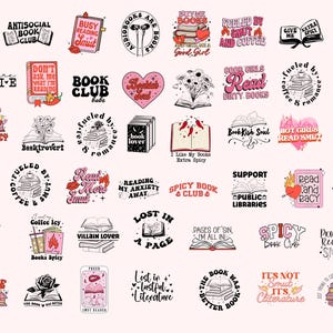 May include: A collection of colorful book-themed stickers with various quotes and illustrations. The stickers feature phrases like "Book Club Babe", "Fueled by Coffee & Smut", "Hot Girls Read Books", and "Lost in a Page".