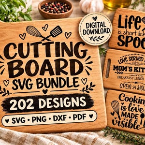 202 skärbräda SVG-paket, roliga kökscitat, bakdesigner (digital nedladdning)