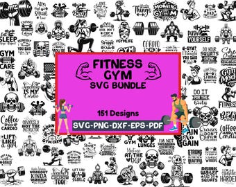 May include: A collection of 151 fitness-themed SVG designs, including motivational quotes, gym-related graphics, and illustrations of people working out. The designs are available in SVG, PNG, DXF, EPS, and PDF formats. The central image has the text "FITNESS GYM SVG BUNDLE".