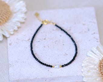 Black Tourmaline & Pearl Bracelet: Handmade Protection Jewelry