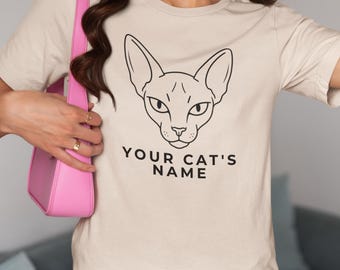 Sphynx Cat Custom Name T-Shirt - Minimal Line Art Cat Lover Gift - Personalized Pet Shirt - Unisex Cat Mom Gift - Cat Dad Tee