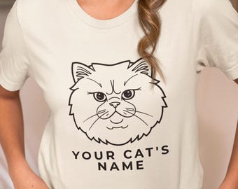 Custom Persian Cat Unisex T-Shirt Personalized Pet Portrait Minimal Line Art Cat Lover Gift Custom Cat Name Tee Modern Pet Illustration