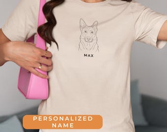 Personalized German Shepherd Name T-Shirt - Custom Dog Lover Gift, Minimal Line Art Pet Portrait Tee, Vintage Retro Style Graphic Shirt