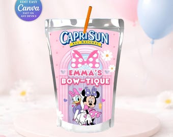 Sok w saszetce z Minnie | Szablon Caprisun z kokardką Myszki Minnie do edycji | Urodziny Myszki Dziewczynki | Natychmiastowe pobranie