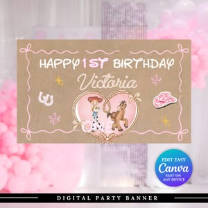 Western-inspired mouse-themed birthday backdrop with customizable text, rope heart design, cowboy hat accents, and rustic pink decorations for a printable party banner.