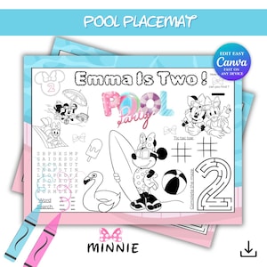 May include: A pool-themed placemat with the text "Pool Placemat" and "Emma is Two!" features Minnie Mouse illustrations. Includes a word search, tic-tac-toe, and a maze. Two crayons are at the bottom.