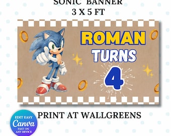 Szablon baneru urodzinowego Sonic | Baner z jeżem do druku | Edytowalny baner Canva | Malowany znak 36x60 DIY | Pobieranie cyfrowe | Canva