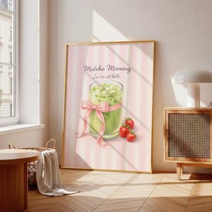 Matcha-esthetiek | Preppy muurkunst| Trendy muurkunst poster strik matcha | Roze flirtkunst aan de muur | Digitale download