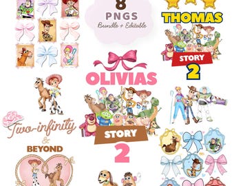 Toy story png bundle Cliparts  | Disney coquette bow | Toy Story Editable PNG |  Custom Logo Name | Toy Story Watercolor png 8 Pack Bundle