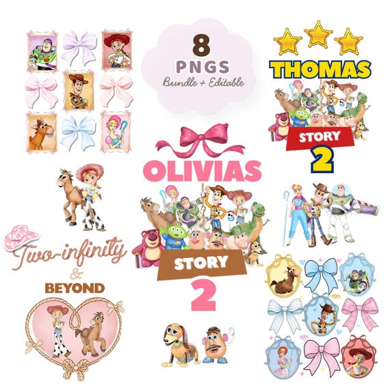 Toy story png bundle Cliparts  | Disney coquette bow | Toy Story Editable PNG |  Custom Logo Name | Toy Story Watercolor png 8 Pack Bundle