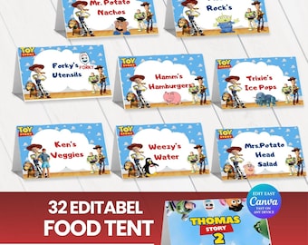 Edytowalny namiot na jedzenie na stół urodzinowy Toy Story | Etykieta na jedzenie Toy Story | Wizytówki Toy Story | Motyw Toy Story | 32 etykiety na jedzenie | Canva