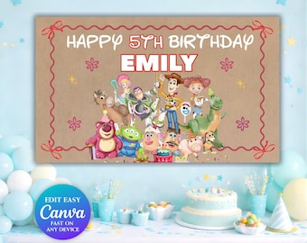 Toystory Birthday Banner Template | Toystory Backdrop  | Hand Painted Banner | Editable Banner Cowboy| (Instant Download)