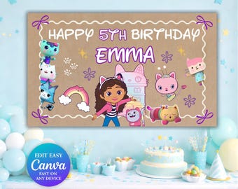 Gabbys Dollhouse Bearbeitbare Party Banner | Puppenhaus Geburtstag Banner Vorlage | Gabby Geburtstag Kulisse |  Handgemalte Wimpelkette | Leinwand
