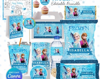 Frozen Birthday Bundle | Editable Frozen Party Decor | Frozen Themed Party | Elsa Birthday Girl| Frozen Party Kit | Girly Glitter Aesthetic