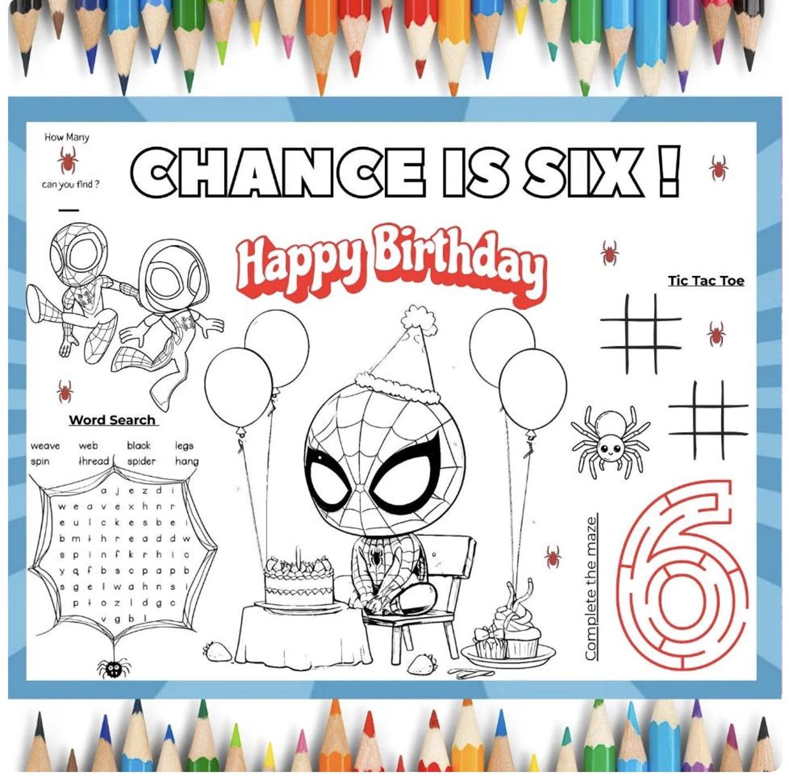 Editable Spiderman Birthday Coloring Placemat | Personalized Spiderman ...