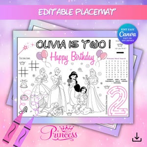 May include: A printable placemat with a princess theme, featuring the text "Olivia is Two! Happy Birthday." Includes coloring pages of princesses, a word search, tic-tac-toe, and a maze. Two pink crayons are in the foreground.