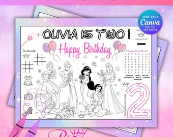 May include: A printable placemat with a princess theme, featuring the text "Olivia is Two! Happy Birthday." Includes coloring pages of princesses, a word search, tic-tac-toe, and a maze. Two pink crayons are in the foreground.