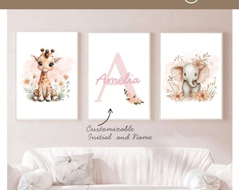 Set di 3 stampe di animali da safari, graziose stampe di animali, decorazioni per cameretta safari, cameretta per bambini rosa safari, decorazioni personalizzate per cameretta, arte murale ad acquerello