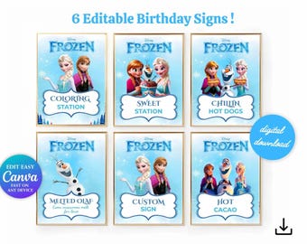 Frozen Birthday Signs | Frozen Party Signs | Frozen Custom Sign | Editable Ice Snow Winter Princess Party Signs | Frozen Party Decor | Canva